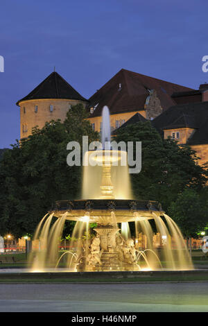 Germany, Baden-Wurttemberg, Stuttgart, new castle, fountain, lighting, dusk, architecture, well, culture, castle square, play water, place of interest, tourism, structure, Pureline, castle building, building, forecourt, destination, nobody, lock, evening, Stock Photo