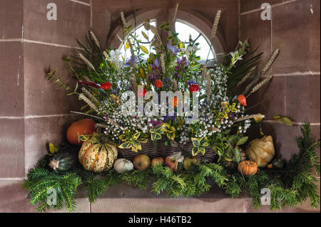 Clungunford, Shropshire, UK. Harvest Festival flower display in St Cuthbert's Church Stock Photo