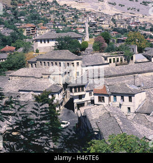 Albania, Gjirokaster, town view, castle, Balkan Peninsula, Drinos valley, mountains, mountain landscape, town, houses, residential houses, roofs, slabs, stone roofs, architecture, place of interest, destination, tourism, Stock Photo