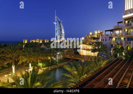 Burj Al Arab and Medinat hotels, 7 stars hotel, Jumeirah, Dubai, United Arab Emirates, Stock Photo