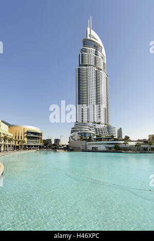 Luxury hotel THE ADDRESS, 63 floors, swimming pool, metropolis, Downtown Dubai, Dubai, United Arab Emirates, Stock Photo