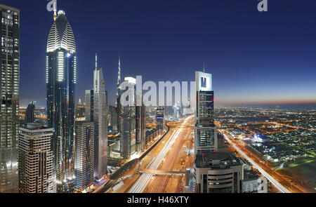 Panorama, skyline, Evening mood at Persian Gulf, traffic, metropolis, Sheik Zayed Road, Downtown Dubai, Dubai, United Arab Emirates, VAE, Asia,