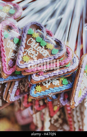 Gingerbread hearts at the Oktoberfest in Munich, Stock Photo