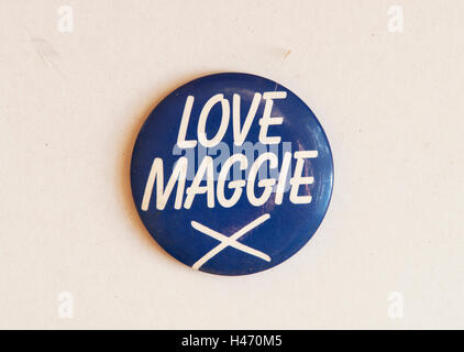 Margaret Thatcher General Election. 1983 'Love Maggie X' pin button badge 1980s HOMER SYKES Stock Photo