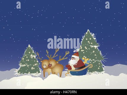 Illustration, Santa Claus, reindeer sleigh, Christmas presents, night, graphics, Christmas, for Christmas, wintry, wood, winter scenery, winter wood, trees, scenery, Christmas trees, snow, Santa Claus, go, slides, reindeers, packages, presents, distribute Stock Photo