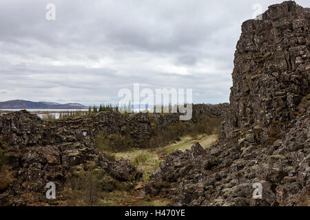 fissures in the continental plates at thingvellir national park Iceland Stock Photo