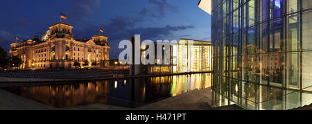 Berlin, Reichstag, the Spree, Paul-Löbe-Haus, evening, panoramic format, Stock Photo