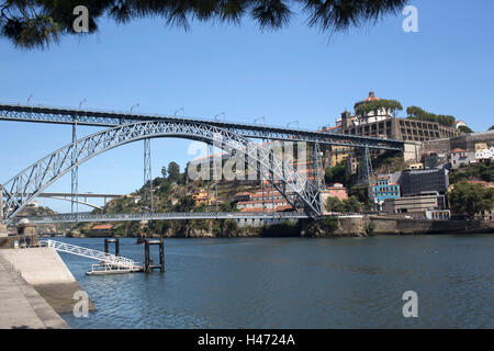 Ponte de Dona Maria Pia - railway bridge over the Douro River in Portugal. It connects the city of Porto and Vila Nova de Gayav, Stock Photo