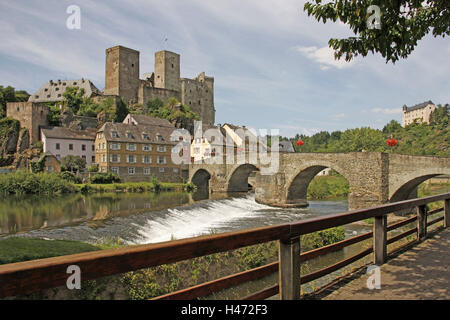 Germany, Hessen, Runkel in the Lahn, castles, bridge, Runkel, donjon, Lahn, river, place, local view, building, houses, Stock Photo