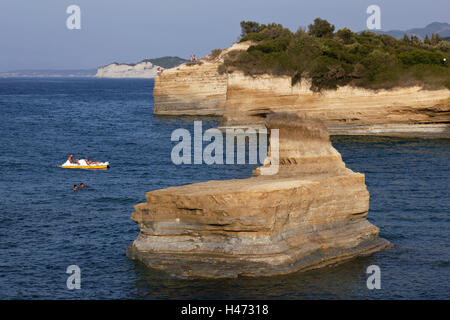 Greece, island Corfu, bile coast, northwest Corfu, Southern, Europe, Europe, in Greek, island, Corfu, coast, northwest Corfu, Sidari, rock, boat, person, tourist, tourism, Stock Photo