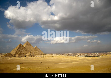 Egypt, Cairo, Gizeh, pyramids, queen's pyramids, Chephren pyramid, Cheops pyramid, Mykerinos pyramid, Stock Photo