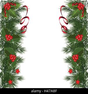 Christmas Berries with red ribbon and green leaves over white background.Christmas holly set Holly Christmas decoration. Element Stock Vector