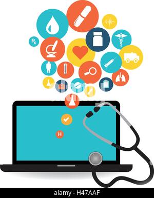 Laptop with Blue screen with colorful medical application icons. Health medical icons collection Stock Vector