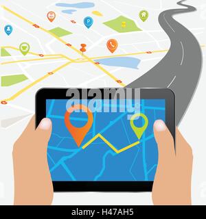 Tablet Computer Map Icon hands with tablet and smartphone navigation map location Stock Vector ...