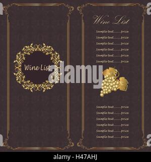 Elegant Wine menu with wine glass and a bunch of grapes.Template design for flyer, card, poster or banner Stock Vector