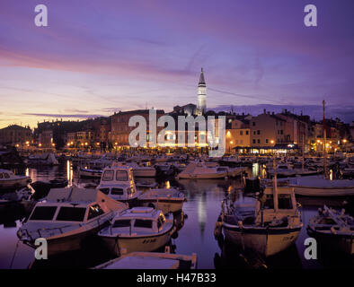 Croatia, Istria, west coast, Rovinj, harbor, boats, Evening Adria, Old Town, architecture, architectural motifs, seaside resort, Balkans, boats, Campanile, cirrus, color, building, fishing boats, fishing port, building facades, geography, bell tower, harbor, waterfront, sky, illumination, church, coastal town, Mediterranean, sea, destination, attraction, sunset, tourism, vacation, weather, lighting, Mediterranean, pink, Venetian, lights, lighting, Stock Photo