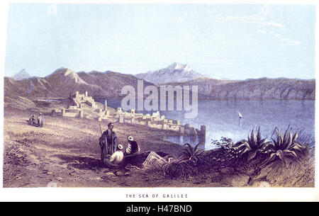 A coloured engraving of The Sea of Galiliee with Mount Hermon scanned at high resolution from a Holy Land book printed in 1868. Stock Photo