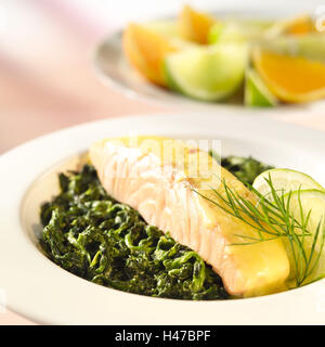 Fish dish, salmon, spinach, Stock Photo