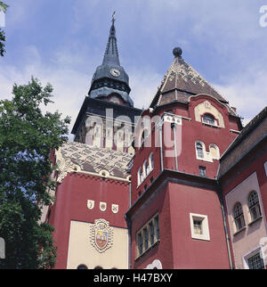 Serbia, Vojvodina, Subotica, city hall, art nouveau facade, Europe, Southeast, Europe, Balkan Peninsula, destination, town, place of interest, building, architecture, facade, art nouveau, architectural style, architecture, red, towers, outside, deserted, Stock Photo