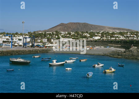 Spain, the Canaries, island Lanzarote, Playa Blanca, harbour, boots, local view, harbour place, water, waves, blue, sea, rest, leisure time, tourism, fishing boats, motorboats, anchor, Stock Photo