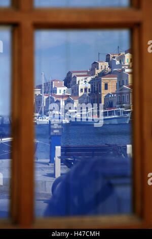 Greece, Dodekanes, Rhodes, island, Symi, harbour place Gialos, window, mirroring, harbour, sea, town view, local view, island capital, Symi town, Simi, rung window, window panes, reflexion, town, houses, boots, ships, harbour, Stock Photo