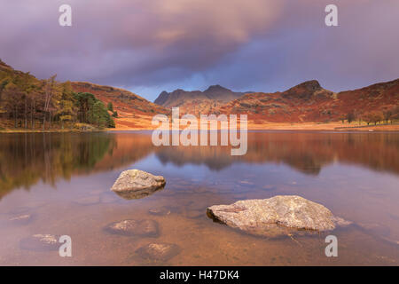 Sunrise over Blea Tarn and the Langdale Pikes, Lake District National Park, Cumbria, England. Autumn (November) 2014. Stock Photo