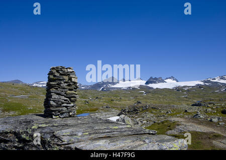 Stone pyramid, Lom, Sognefjellet, Ardal, Jotunheimen, Oppland, Norway, Scandinavia, Stock Photo