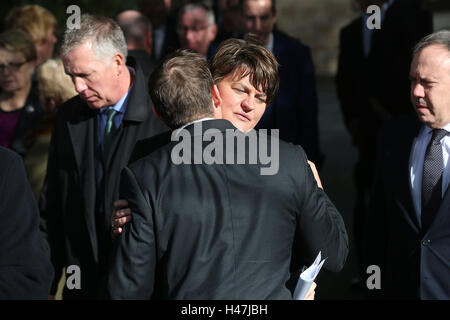 Northern Ireland First Minister Arlene Foster (second right) during the funeral for high profile Orangeman Drew Nelson at St John's Church, Hillsborough Co Down. Stock Photo