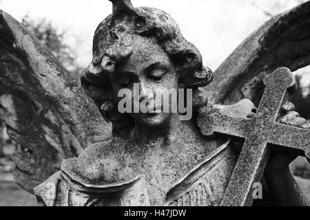 grave yard, grave, statue, angels, cross, detail, s/w, Stock Photo