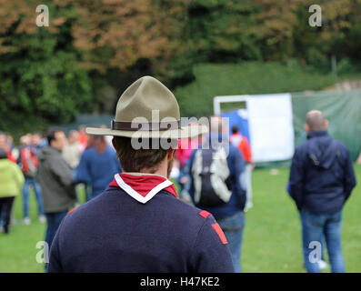 Boy Scout Uniform and Badges', 1944. 'Patrol leader's hat badge; scarf of  troop colour; all-round cords for six badges; staff of shoulder height,  with patrol flag (Woodpigeon Patrol); scout badge on pocket