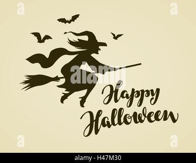 Happy Halloween greeting card. Witch flying on broomstick. Vintage vector illustration Stock Vector