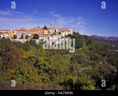 Croatia, Istria, Kvarner bay, Labin, local view, east coast, Adriatic, Old Town, architecture motifs, the Balkans, trees, Campanile, Cirren, building facades, geography, bell tower, autumn, season, hill village, sceneries, colour the leaves, low mountain Stock Photo
