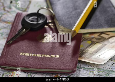 Map, passport, banknote, car key, pass, travelling, document, passport, go away, on the way, identity card, nationality, Germany, money, euro banknote, euro, orientation, money, key, pen, pencil, note notebook, notes,