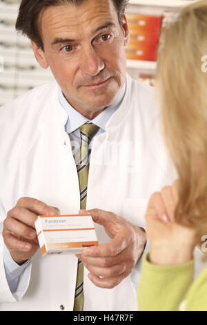 Chemist, patient, drug, consultation, medium close-up, detail, Stock Photo