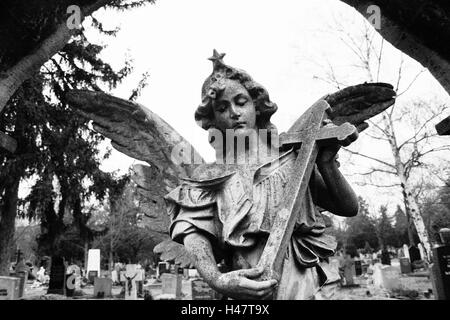 grave yard, grave, statue, angels, cross, detail, s/w, Stock Photo