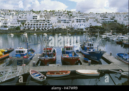 Spain, the Canaries, island Lanzarote, La Tinosa, harbour, fishing trawler, houses, town view, port, economy, fishing, fishing harbour, living, sea, water, clouds, heavens, ships, boots, Stock Photo