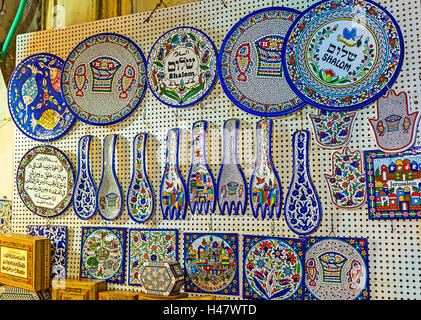 The traditional local wall hangings for kitchen in market stall of Jerusalem, Israel. Stock Photo