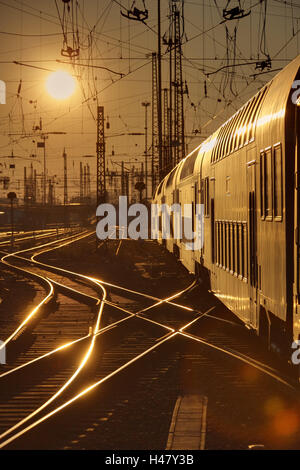 Rails, train, evening mood, tracks, sun, evening, switches, Stock Photo