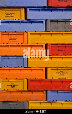 Denmark, fish boxes, stacked, Stock Photo