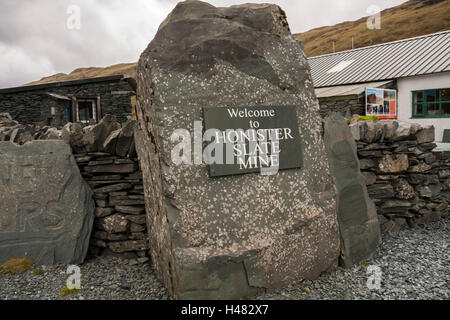 Welcome sign at the entrance to the Honister Slate Mine at the Honister Pass in the Lake District National Park Stock Photo