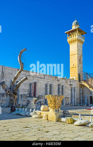 Al-Fakhariyya Minaret of Al-Aqsa Mosque neighboring with the archaeological site of the Temple Mount, Jerusalem, Israel. Stock Photo