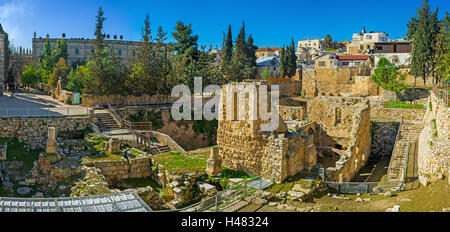 Panorama of the Bethesda Pool archaeological site with the ruins of the Byzantine Temple, Jerusalem, Israel. Stock Photo