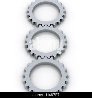 three silver-grey gearwheels in of a series, background white, Stock Photo