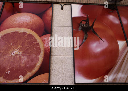 Posters, tomatoes, oranges, Spain, Valencia, Bunol, vegetables, fruit, supermarket, outside, Stock Photo