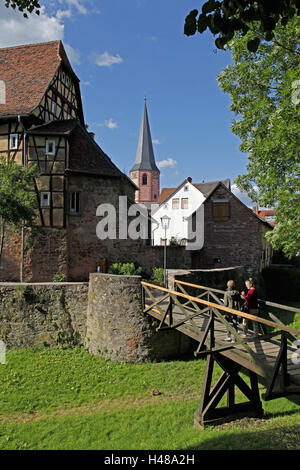 Germany, Hessen, Michel's town in the ode wood, margin wild boar mill, half-timbered houses, Old Town, medieval city fortification, Stock Photo