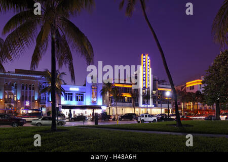 Hotel 'Breakwater' at dusk, Ocean Drive, Miami South Beach, Art Deco District, Florida, USA, Stock Photo