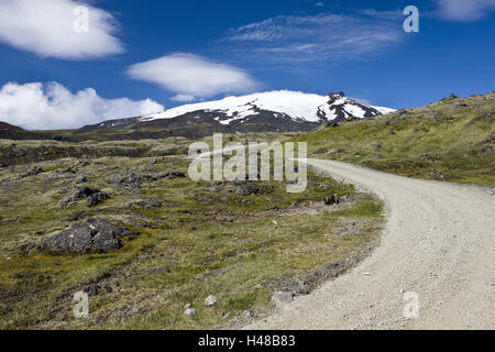 Iceland, region of Vesturland, peninsula Snaefellsnes, volcano Snaefellsjökull, glacier, street, Stock Photo