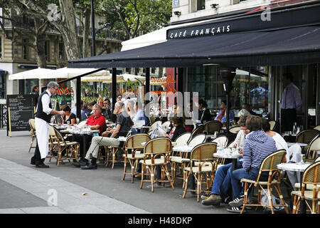 France, Paris, city centre, cafe Francais, guests, Europe, town, town view, city centre, cafe, street cafe, gastronomy, typically, typically, seating, person, tourist, waiter, tourism, way of life, outside, Stock Photo