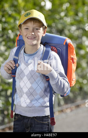 Boy, school way, schoolbag, smile, view camera, Stock Photo