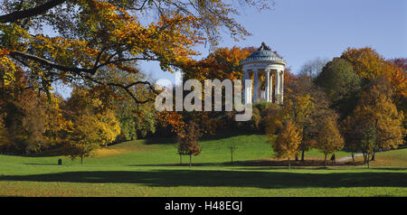 Germany, Bavaria, Munich, English garden, Monopteros, autumn, Upper Bavaria, town, park, town park, pavilion, trees, autumn staining, autumnally, foliage, autumn foliage, structure, round temple, temple, greenbelt recreation area, Stock Photo